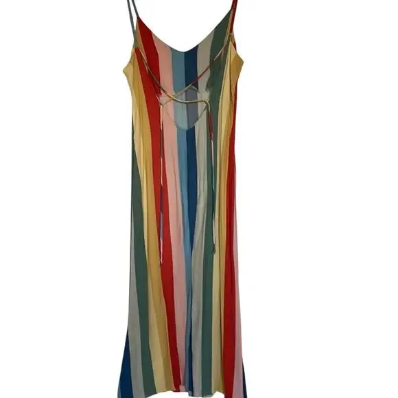 Reformation Rainbow Midi Dress 2 XS Striped V-neck spaghetti strap multicolor - Picture 8 of 11